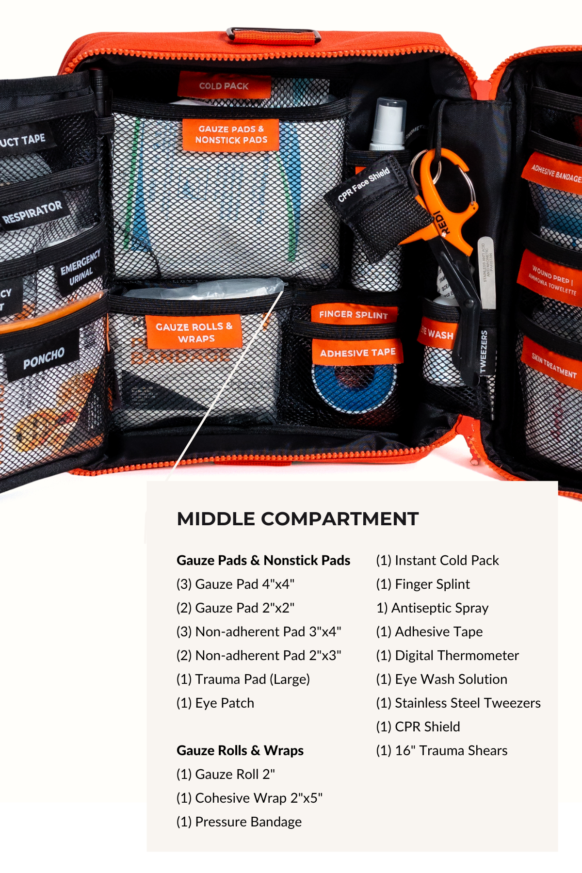 List of first aid items, gauze pads and rolls found inside the middle compartment of the Roadie first aid kit. 