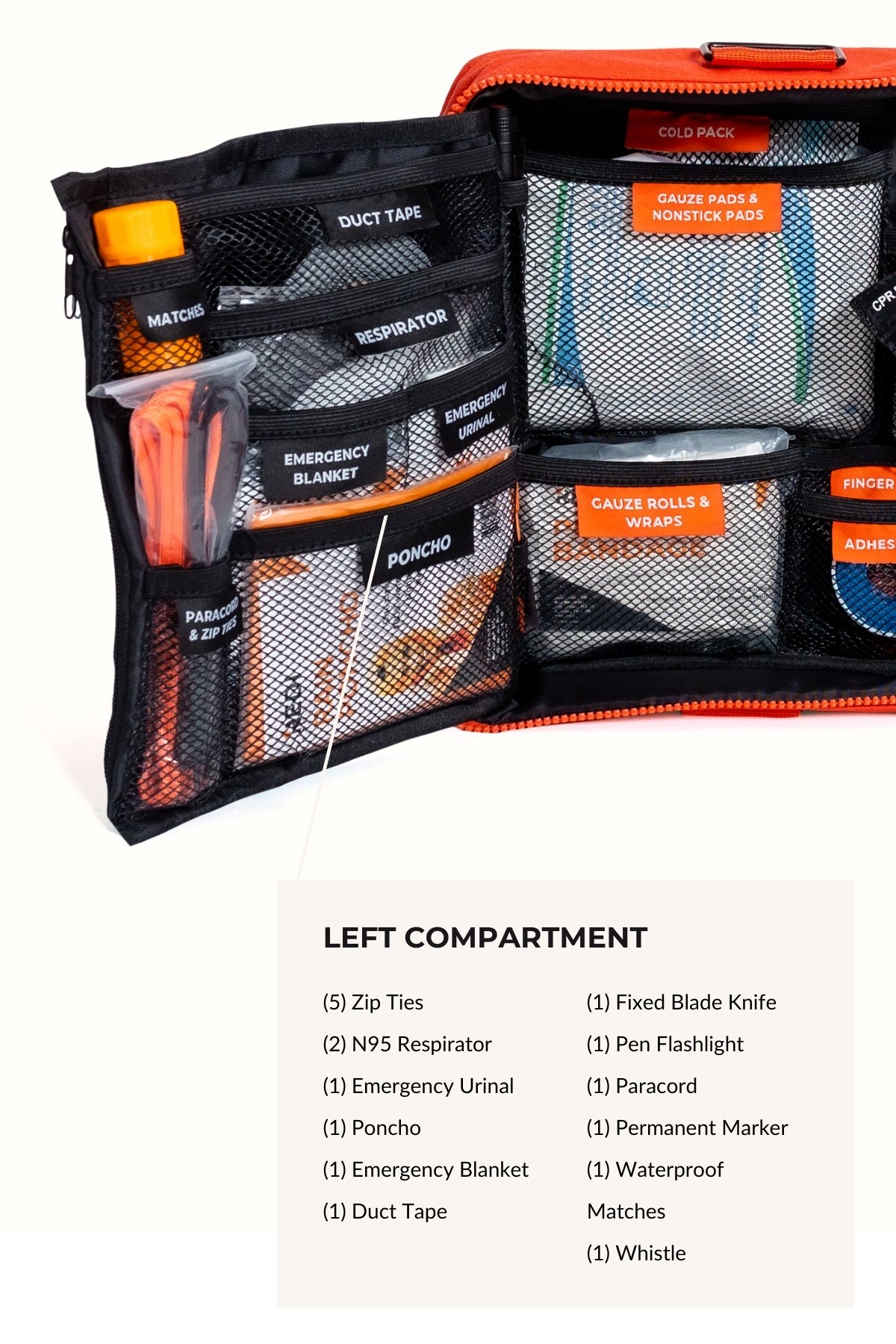 List of survival items and tools found inside the left compartment of the Roadie