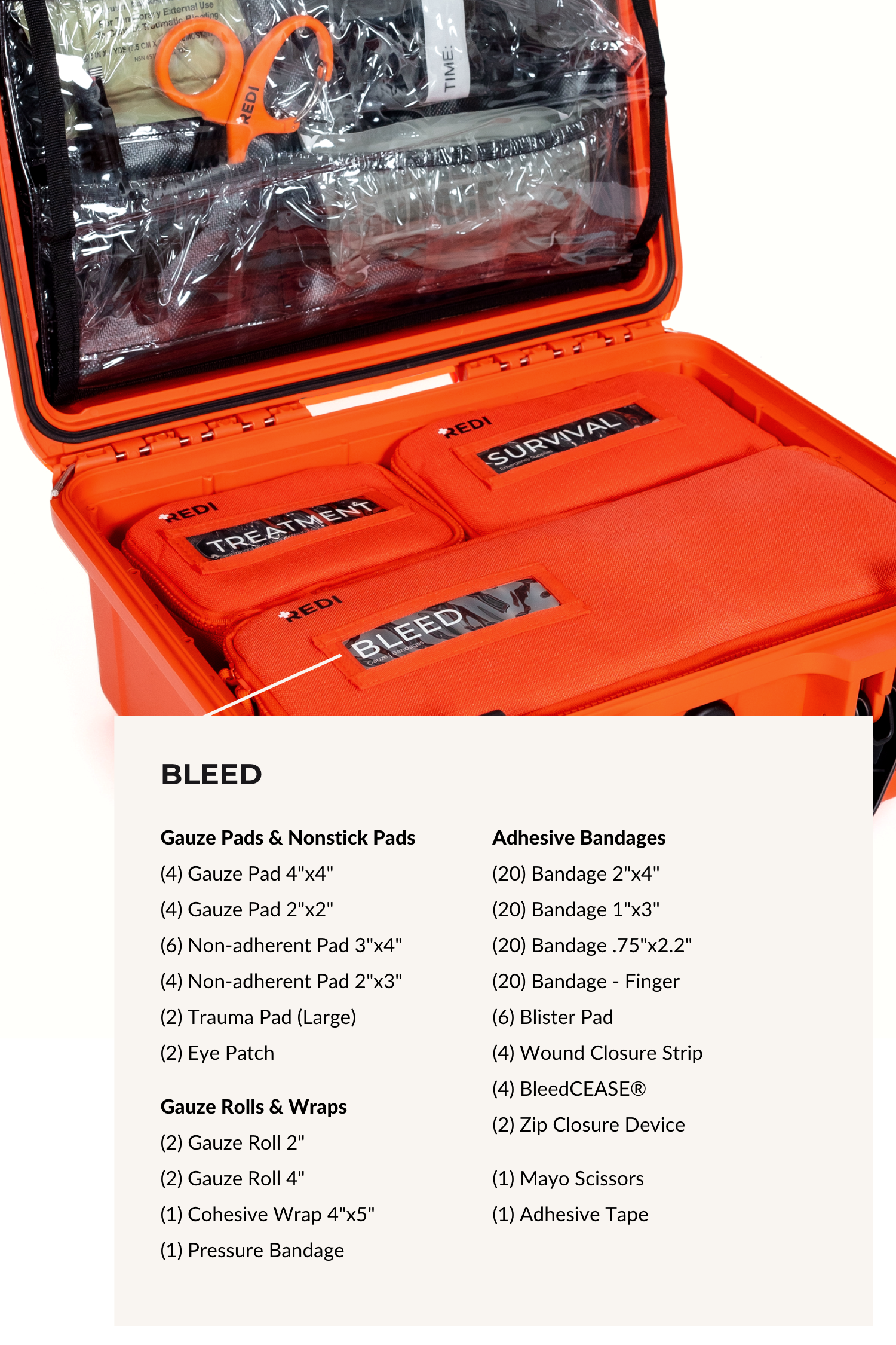List of first aid items, gauze pads and rolls found inside the middle compartment of the Roadie first aid kit.